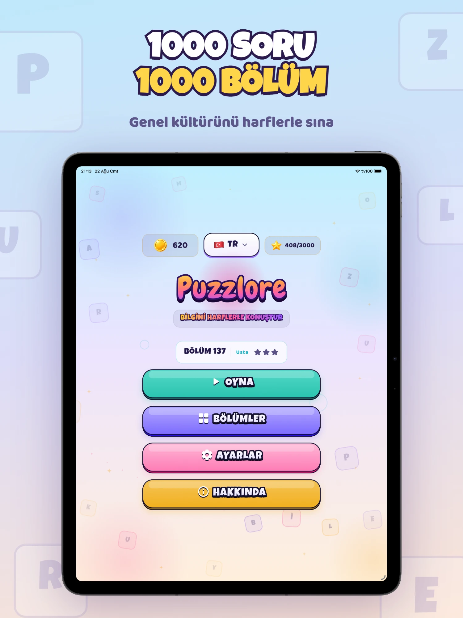 Puzzlore ana ekranı; altın ve yıldız sayaçları, dil seçimi ve sıradaki bölümü açan oyna düğmesi