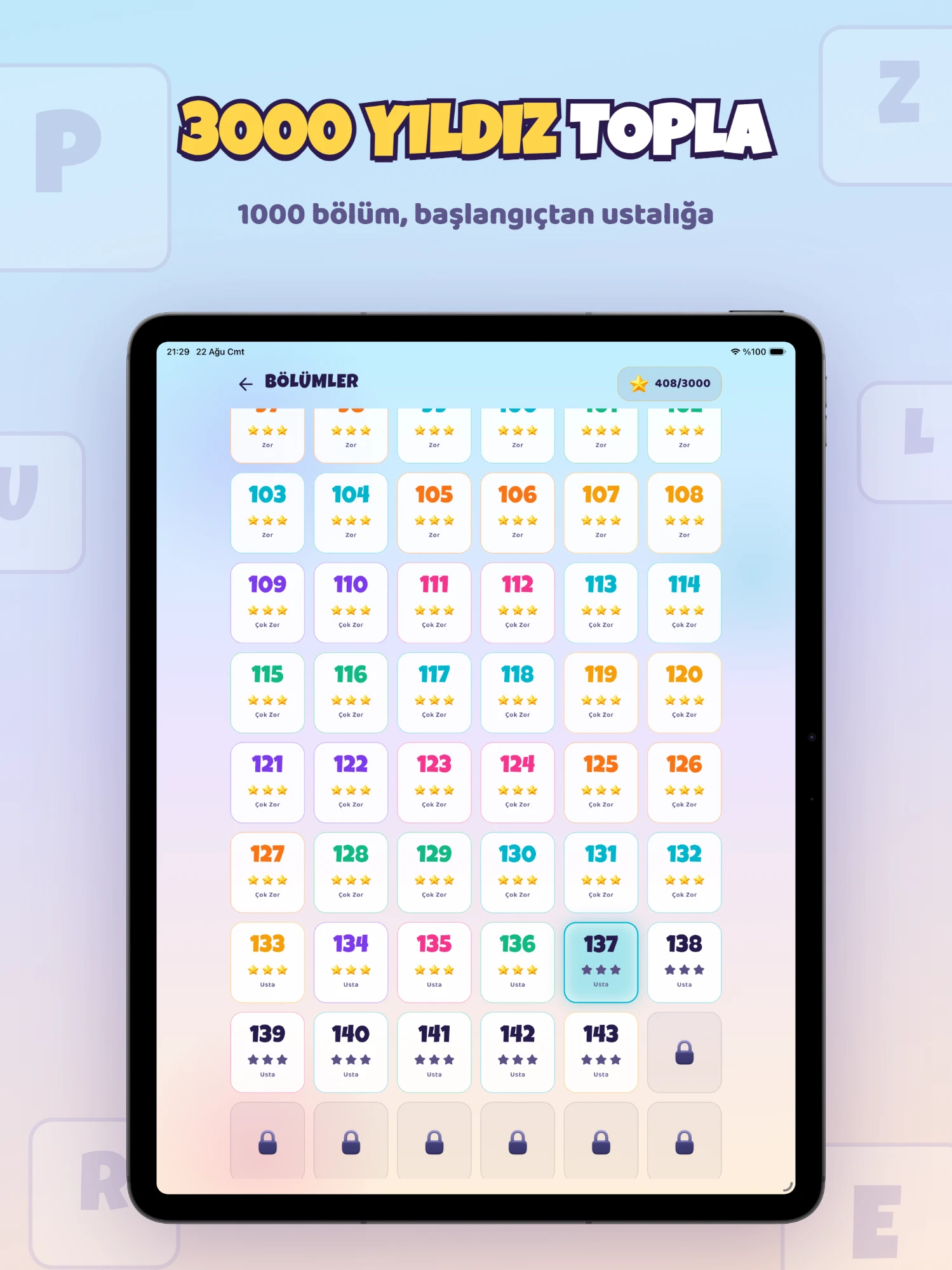 Puzzlore bölüm listesi; kazanılan yıldızlarıyla tamamlanmış bölümler ve henüz kilitli olanlar