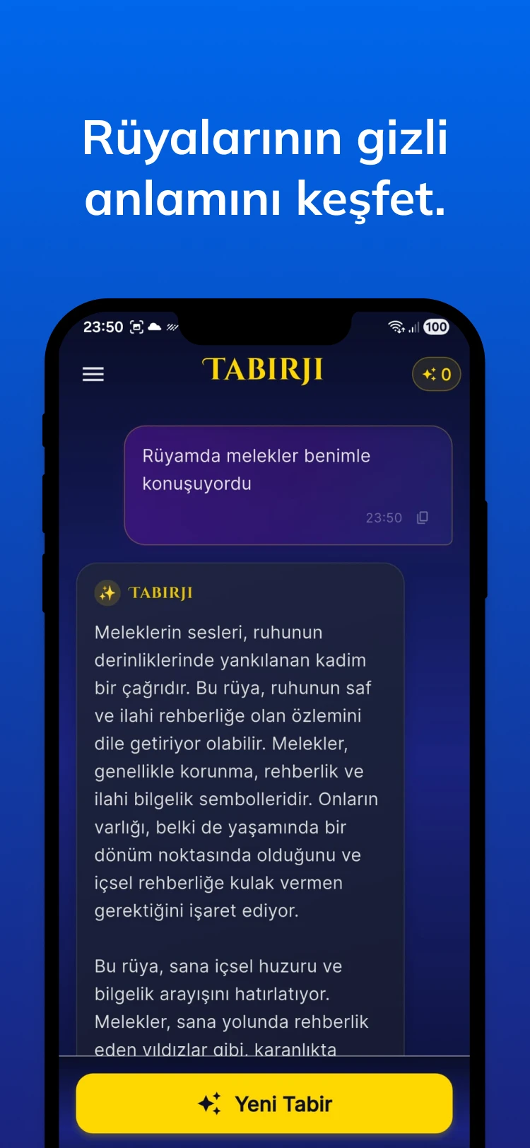 Tabirji'de bir rüyanın yapay zeka yorumu; kullanıcının anlattığı rüya ve altında uygulamanın kurduğu okuma