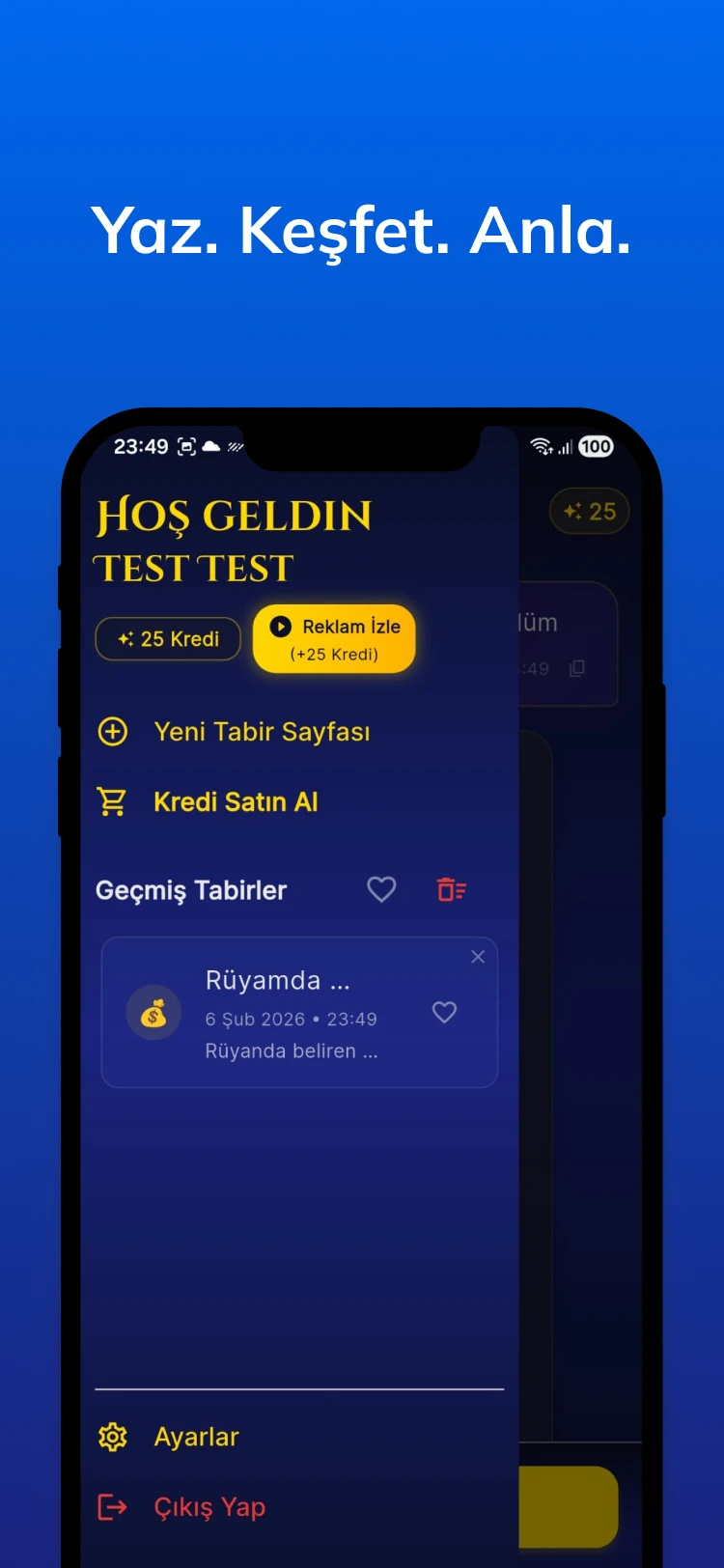 Tabirji yan menüsü; kredi bakiyesi, kredi kazanma ve satın alma, geçmiş tabirler listesi