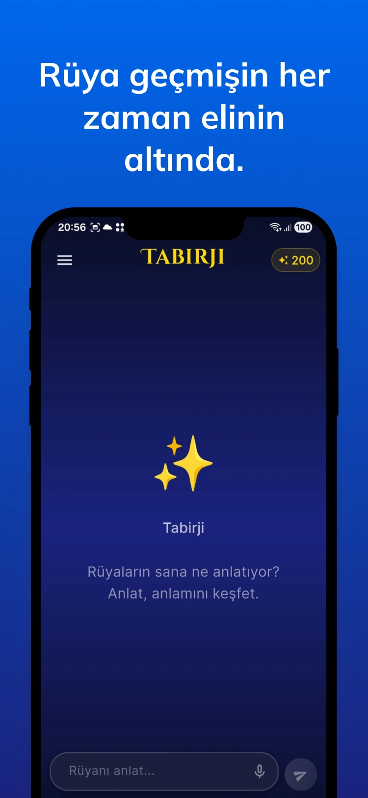 Tabirji açılış ekranı; rüyayı yazmak ya da sesle anlatmak için metin alanı